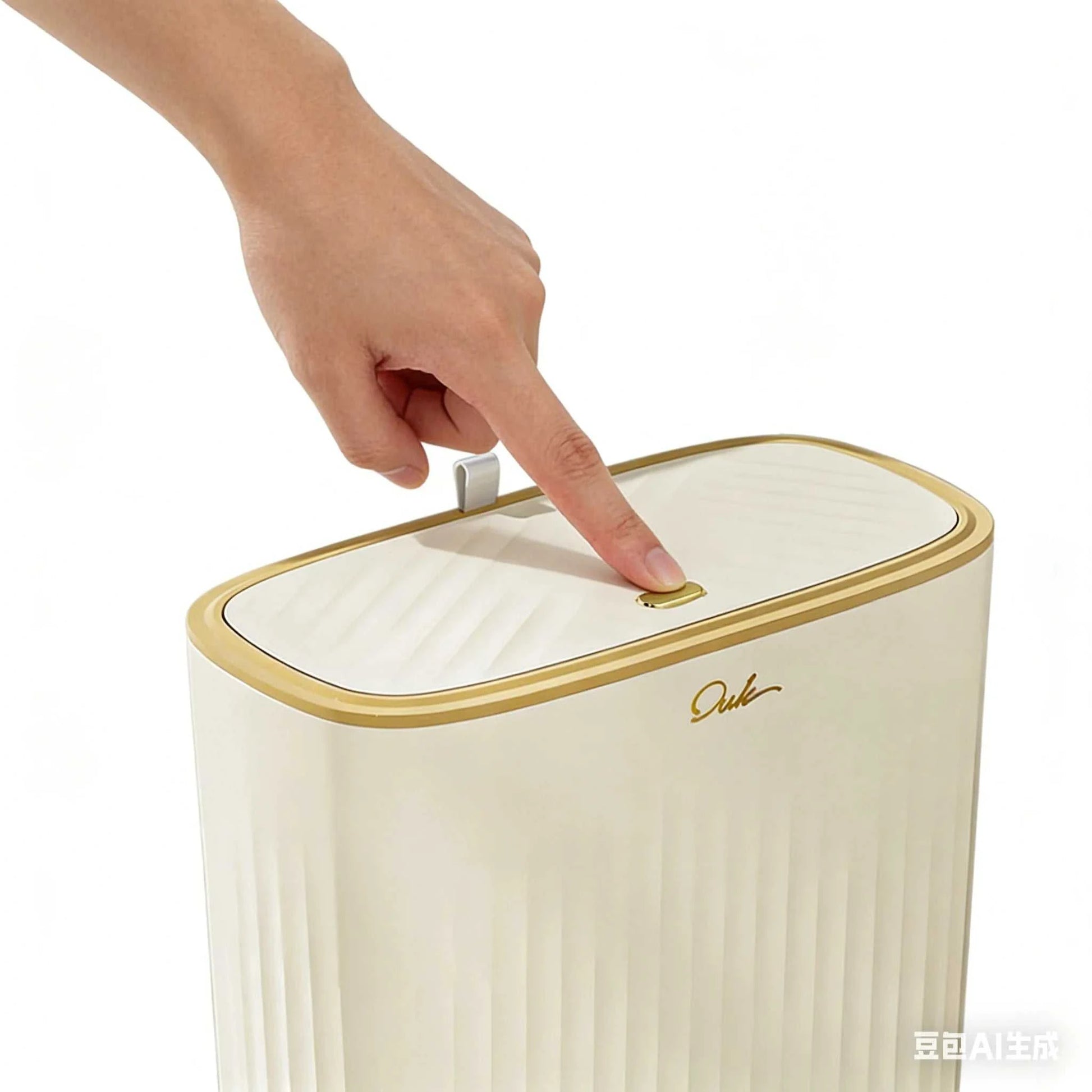 Beige gold trim slim rectangular trash can with pressing lid for bathroom and kitchen spacesaving large capacity plastic bin
