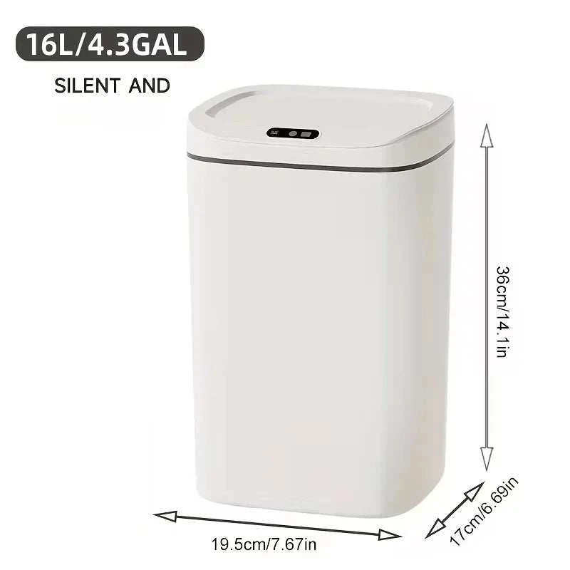 Slim compact smart motion sensor trash can with touchless lid in white plastic for hygienic waste disposal