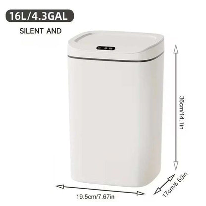 Slim compact smart motion sensor trash can with touchless lid in white plastic for hygienic waste disposal
