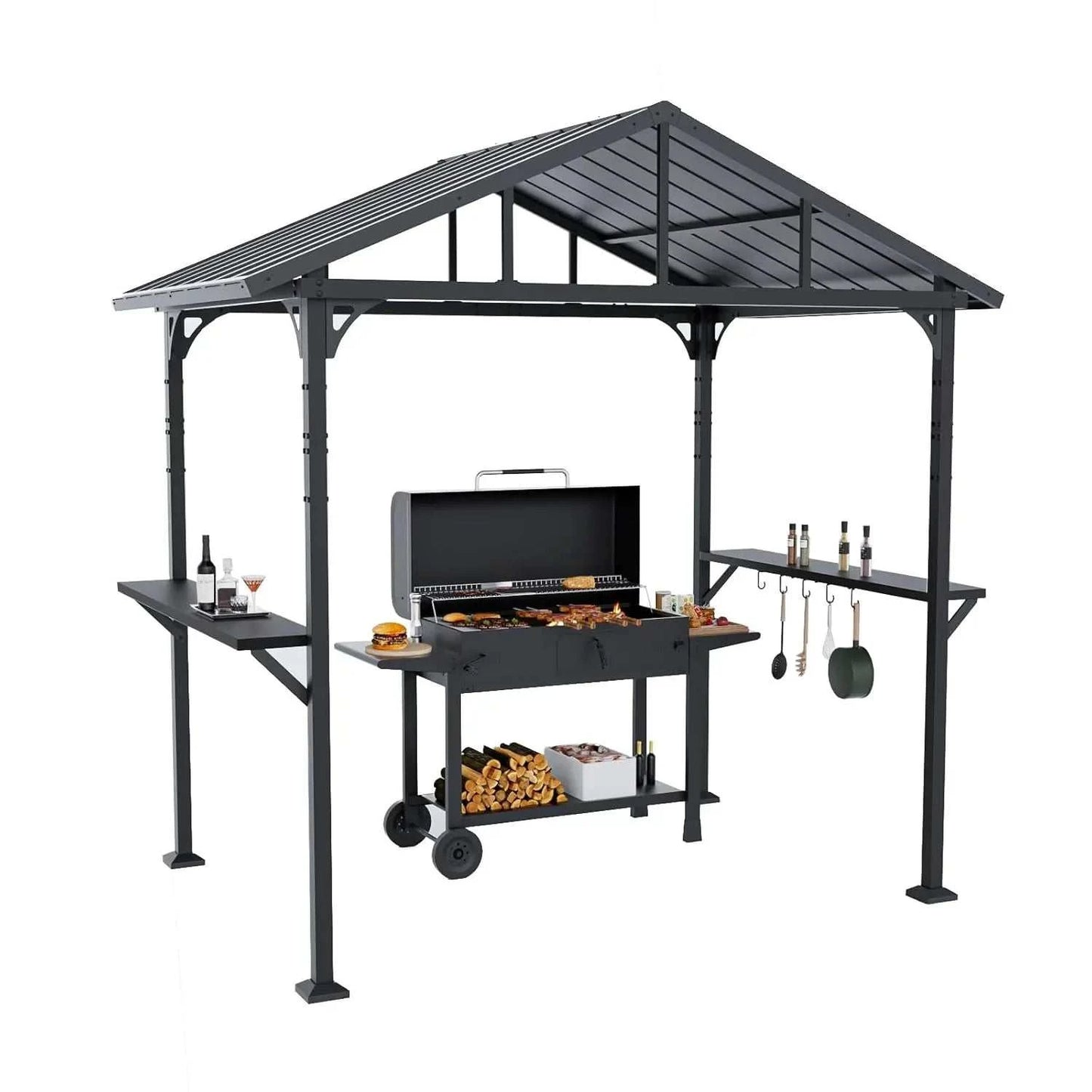 8x5ft Metal BBQ Grill Gazebo, Triangular Roof, Drainage Holes & 2 Side Shelves, Custom