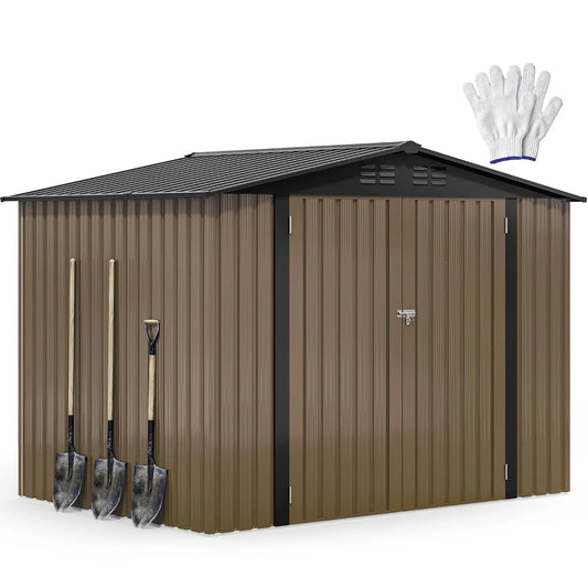 8x6 FT heavy-duty outdoor metal storage shed with lockable doors and ventilation vents for garden tools and equipment storage
