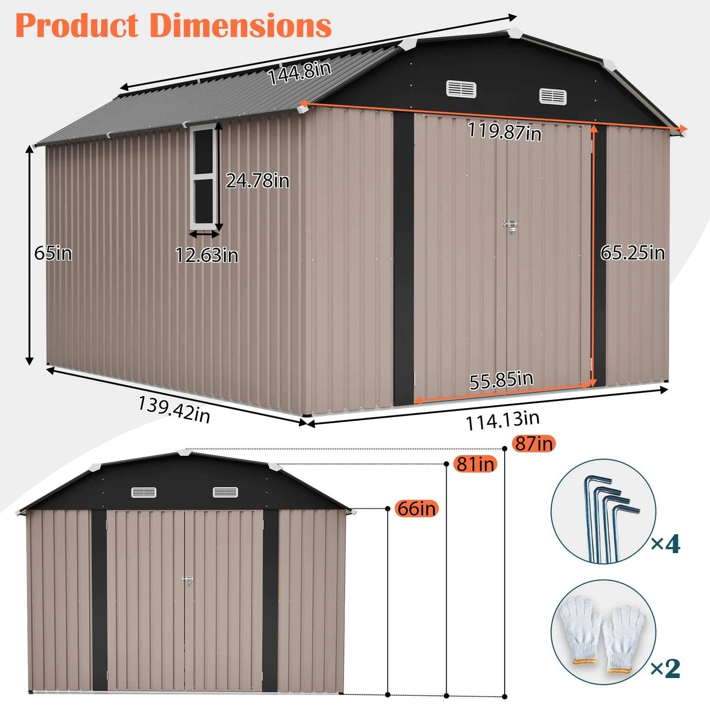 10x12 FT Heavy Duty Metal Outdoor Storage Shed  With Floor Frame Lockable Doors All Weather Garden Tool House Backyard Patio