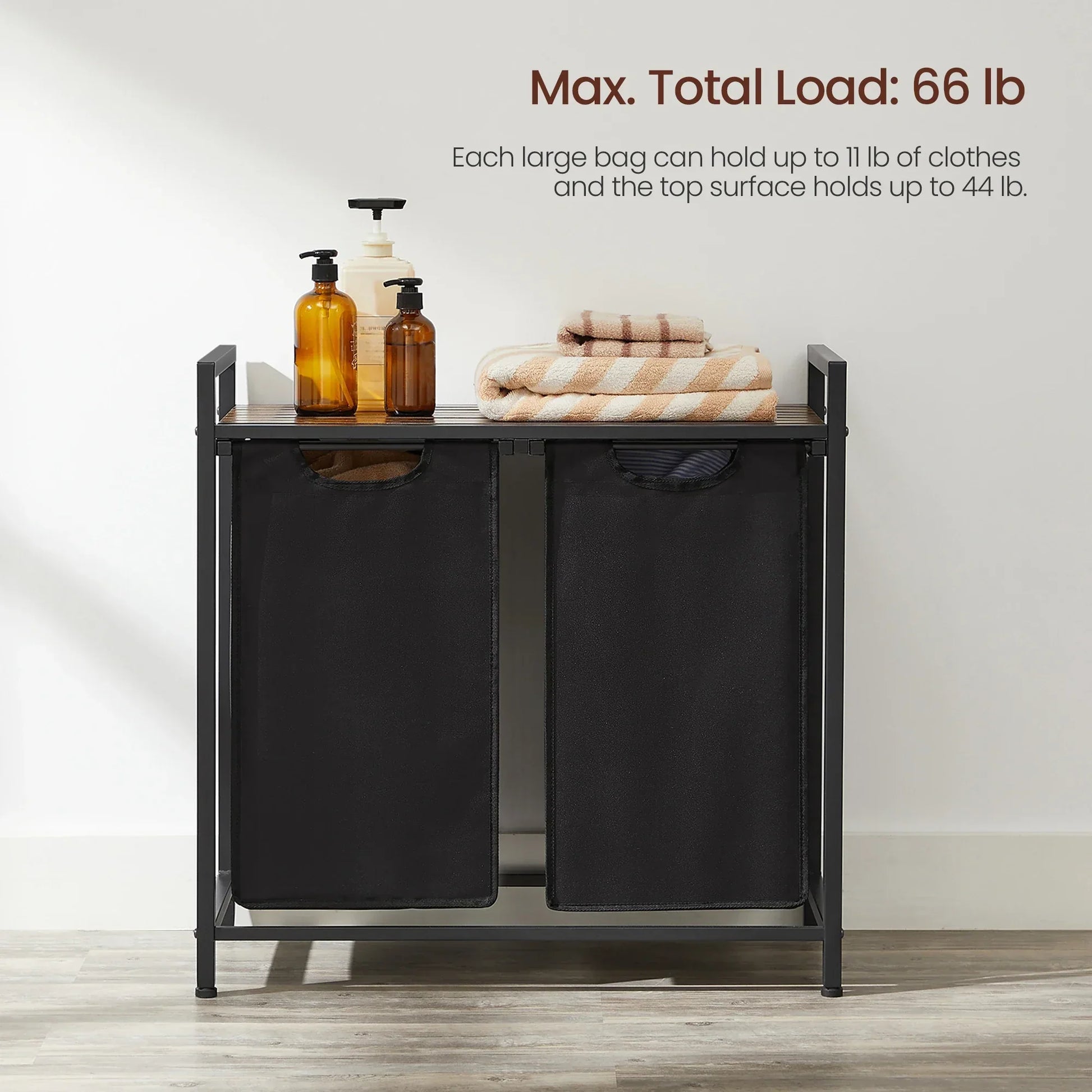 VASAGLE Laundry Hamper with metal frame, two removable bags, and ventilated shelf in ink black and rustic brown