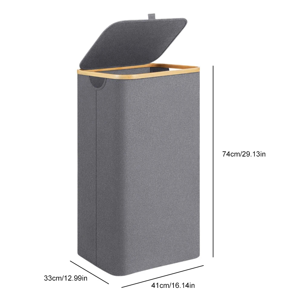 100L Foldable Laundry Hamper Basket with Bamboo Handle And Lid Eco-Friendly Removable Liner for Bedroom Bathroom Storage