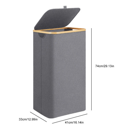 100L Foldable Laundry Hamper Basket with Bamboo Handle And Lid Eco-Friendly Removable Liner for Bedroom Bathroom Storage