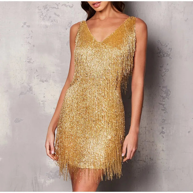 New Sexy Tassel Sequins Feather Mini  Dress - Azobay