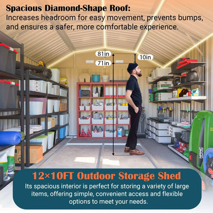 10x12 FT Heavy Duty Metal Outdoor Storage Shed  With Floor Frame Lockable Doors All Weather Garden Tool House Backyard Patio