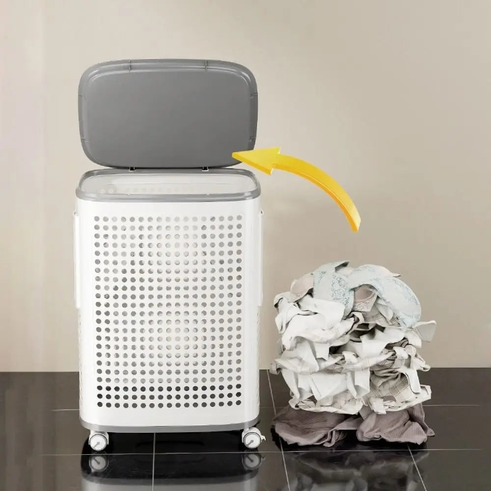 Large capacity folding grey white plastic rolling laundry basket with mute wheels and detachable design