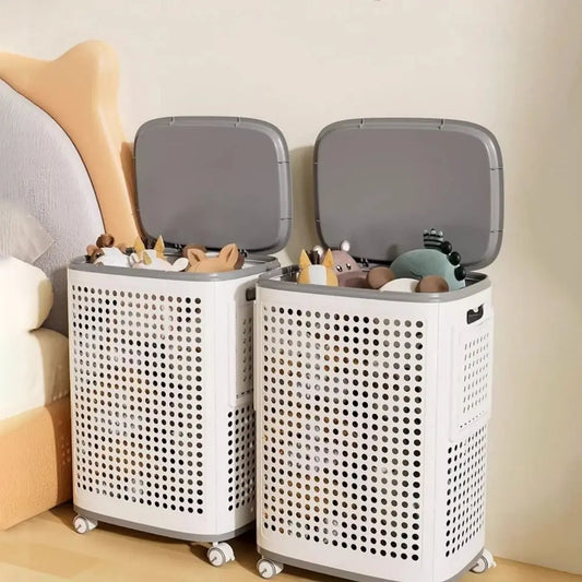Large capacity folding grey and white plastic laundry basket with wheels and detachable lid