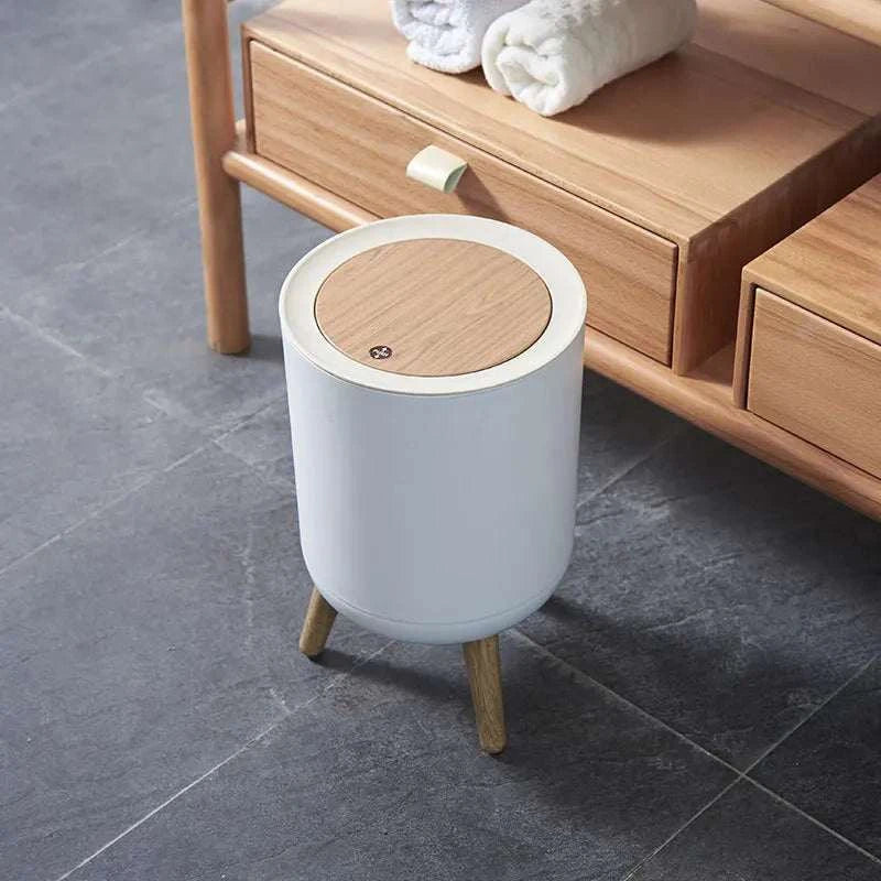 7L round wood grain plastic trash can with legs and press lid for bathroom and living room