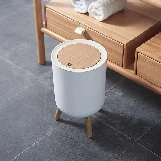 7L round wood grain plastic trash can with legs and press lid for bathroom and living room
