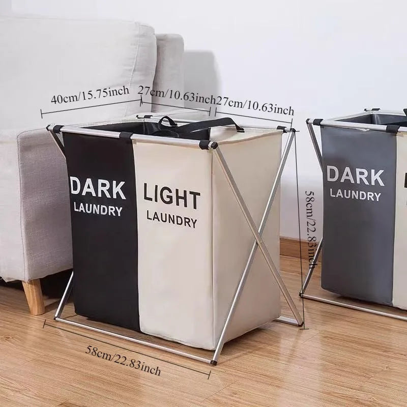 Large 3 sections divided foldable laundry basket with waterproof fabric and metal frame for organized laundry storage