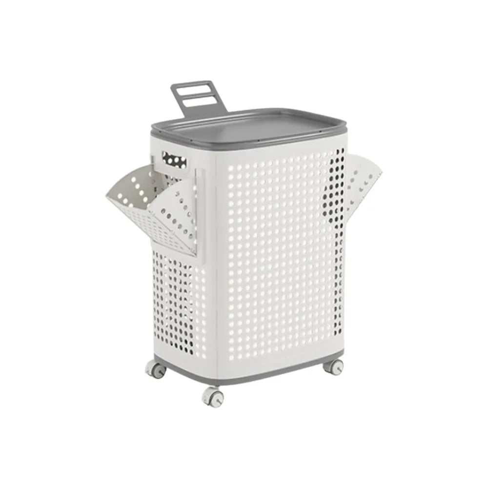 Large capacity folding plastic laundry basket with wheels and dust-proof cover