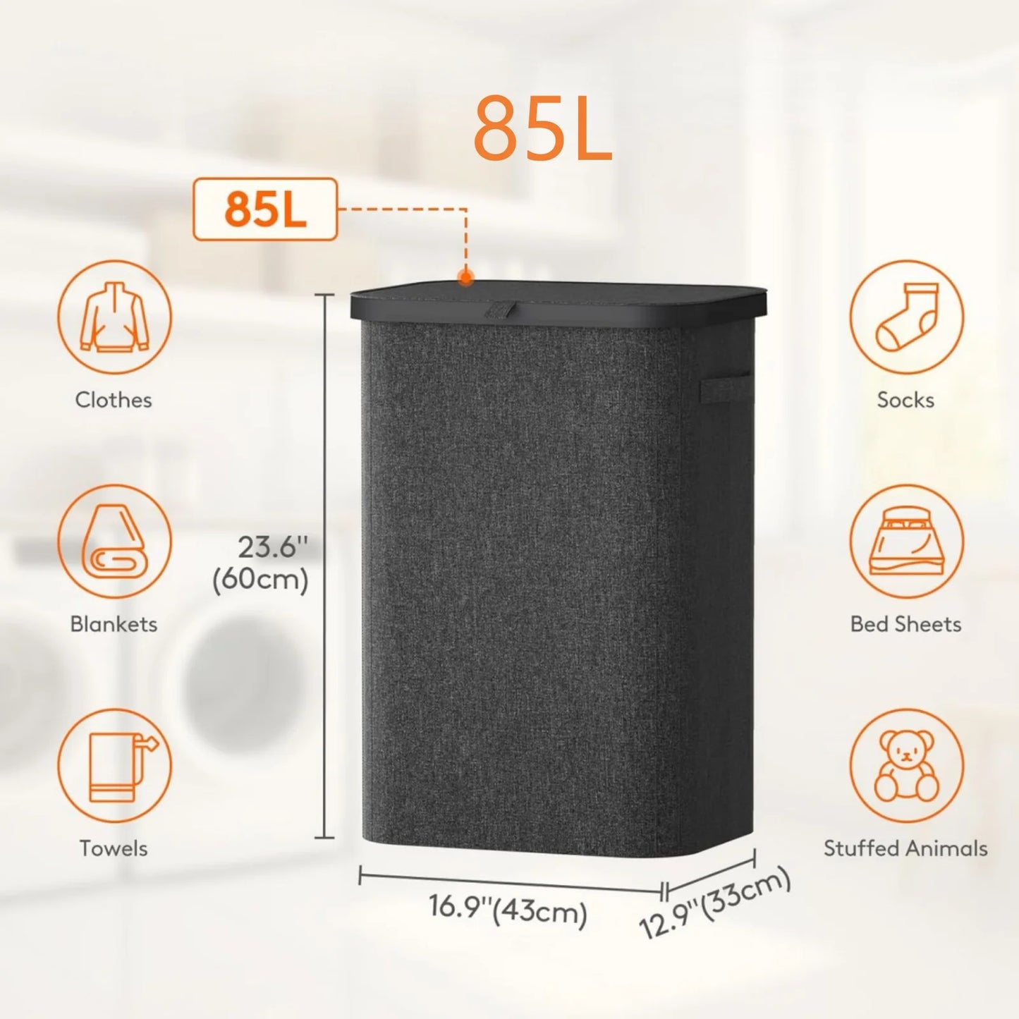 85L Large Capacity Laundry Hamper with Handles Oxford Fabric Inner Bag And Plastic Frame for Dirty Clothes Basket