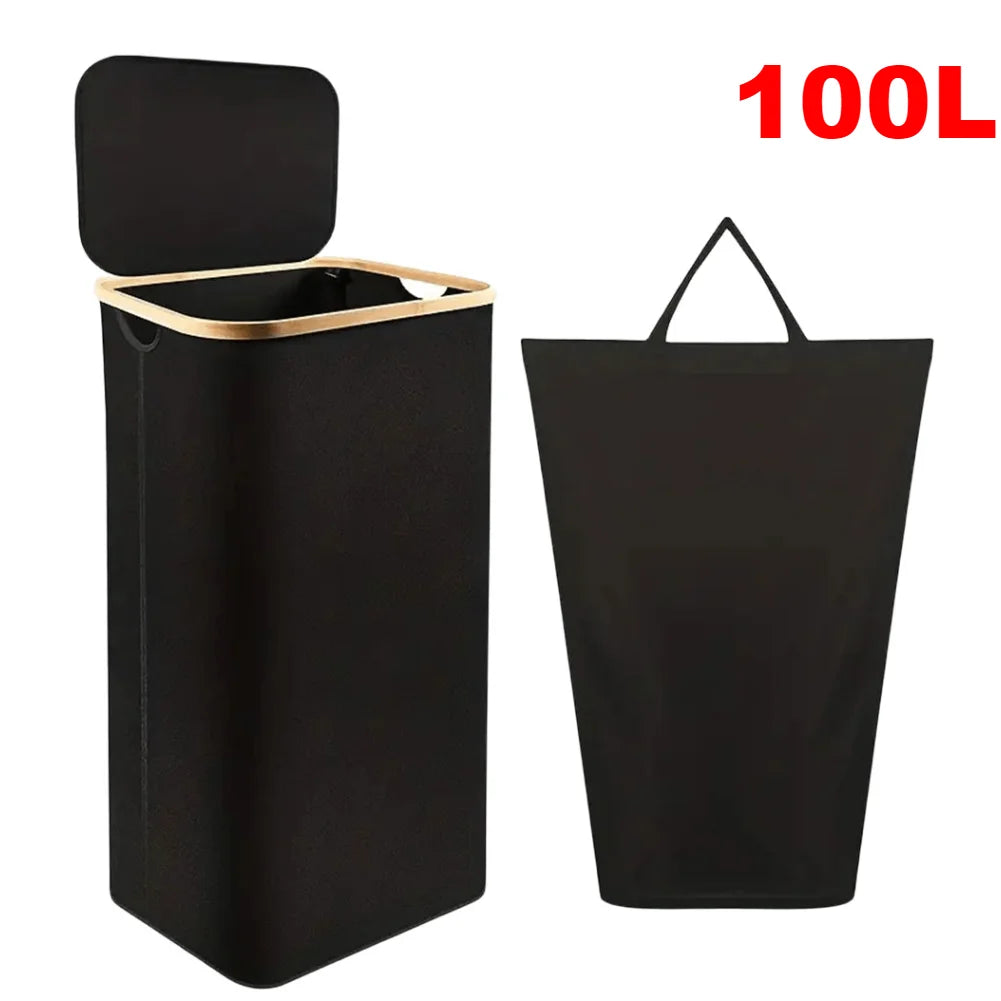 100L Foldable Laundry Hamper Basket with Bamboo Handle And Lid Eco-Friendly Removable Liner for Bedroom Bathroom Storage