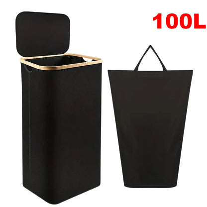 100L Foldable Laundry Hamper Basket with Bamboo Handle And Lid Eco-Friendly Removable Liner for Bedroom Bathroom Storage