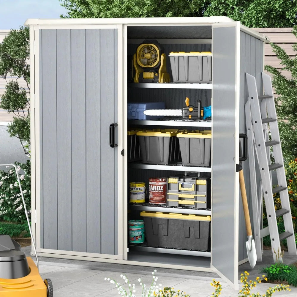 5x3 FT outdoor storage shed made of durable resin with lockable door and built-in floor for secure garden tool storage