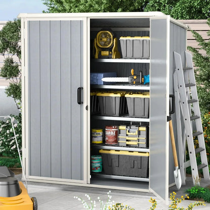 5x3 FT outdoor storage shed made of durable resin with lockable door and built-in floor for secure garden tool storage