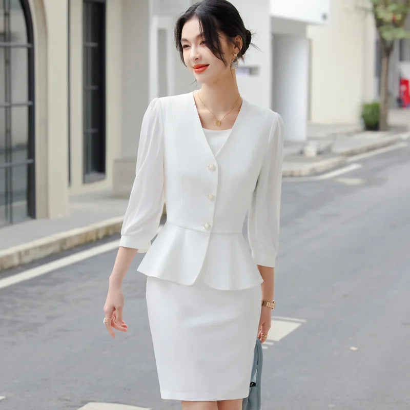 2024 New Fashion Lantern Sleeve Jacket + White Dress - Azobay