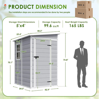 Outdoor 5x4 FT resin storage shed with lockable door and heavy-duty floor in backyard