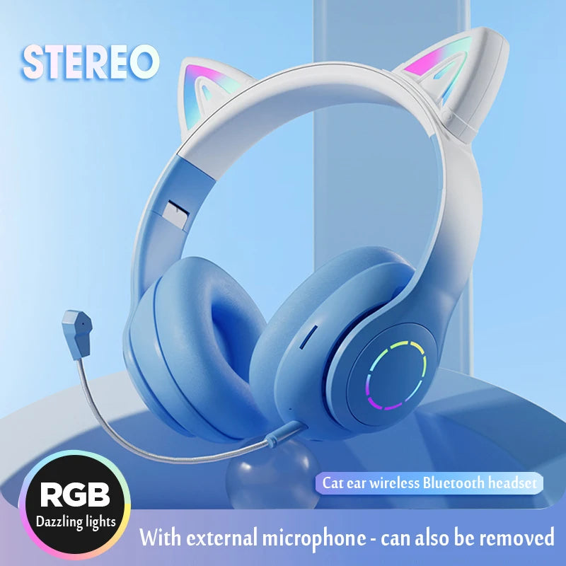 Cat Ear Headphone Bluetooth Wireless Music Headset Gradient Color LED Light with Mic - Azobay