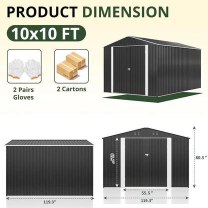 "10x10 FT Outdoor Metal Storage Shed with Lockable Doors and Reinforced Frame"