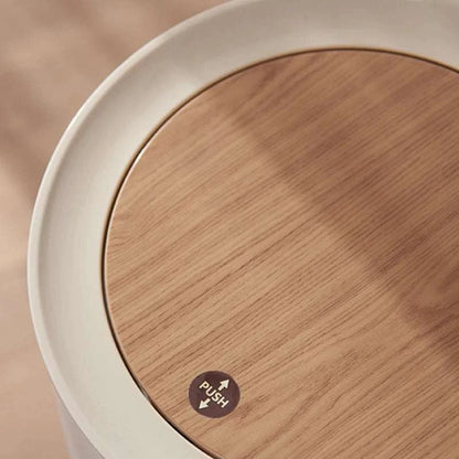 7L round wood grain plastic trash can with legs and press lid for bathroom and living room