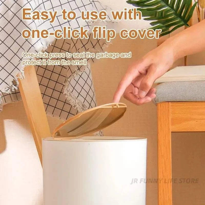 7L round wood grain plastic trash can with legs for bathroom and living room