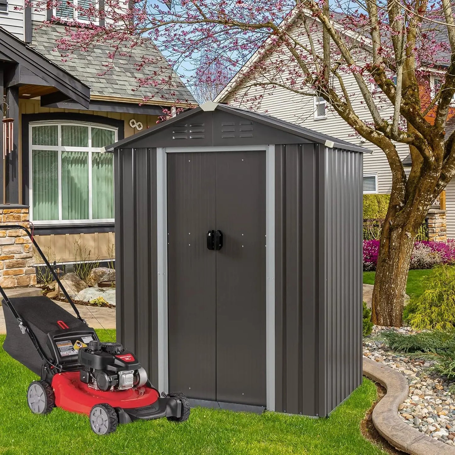 Outdoor metal storage shed with side window and lockable door for secure outdoor storage