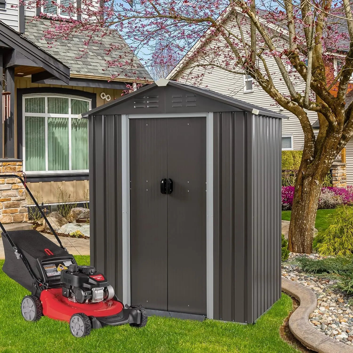 Outdoor metal storage shed with side window and lockable door for secure outdoor storage