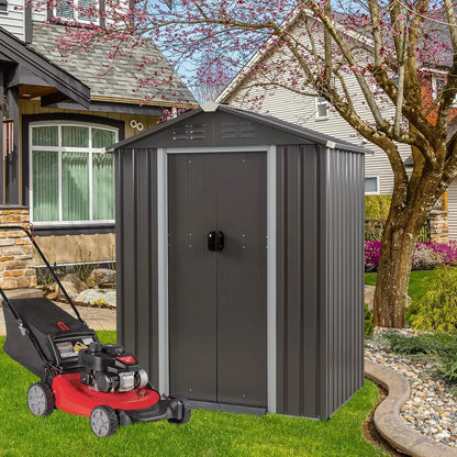 Outdoor metal storage shed with side window and lockable door for secure outdoor storage