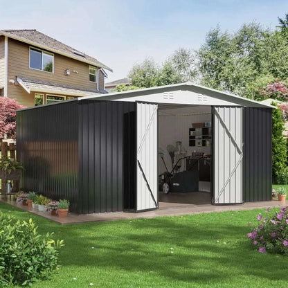 12x14 FT Outdoor Metal Storage Shed Garden Tool Shed with Lockable Doors for Backyard Patio Lawn White