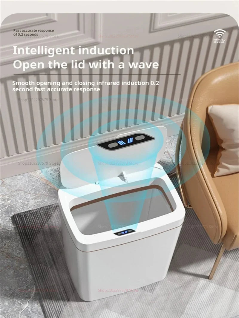 Smart Induction Garbage Can with Storage Basket - Eco-Friendly Plastic Automatic Trash Bin for Kitchen Bathroom Toilet Organizer