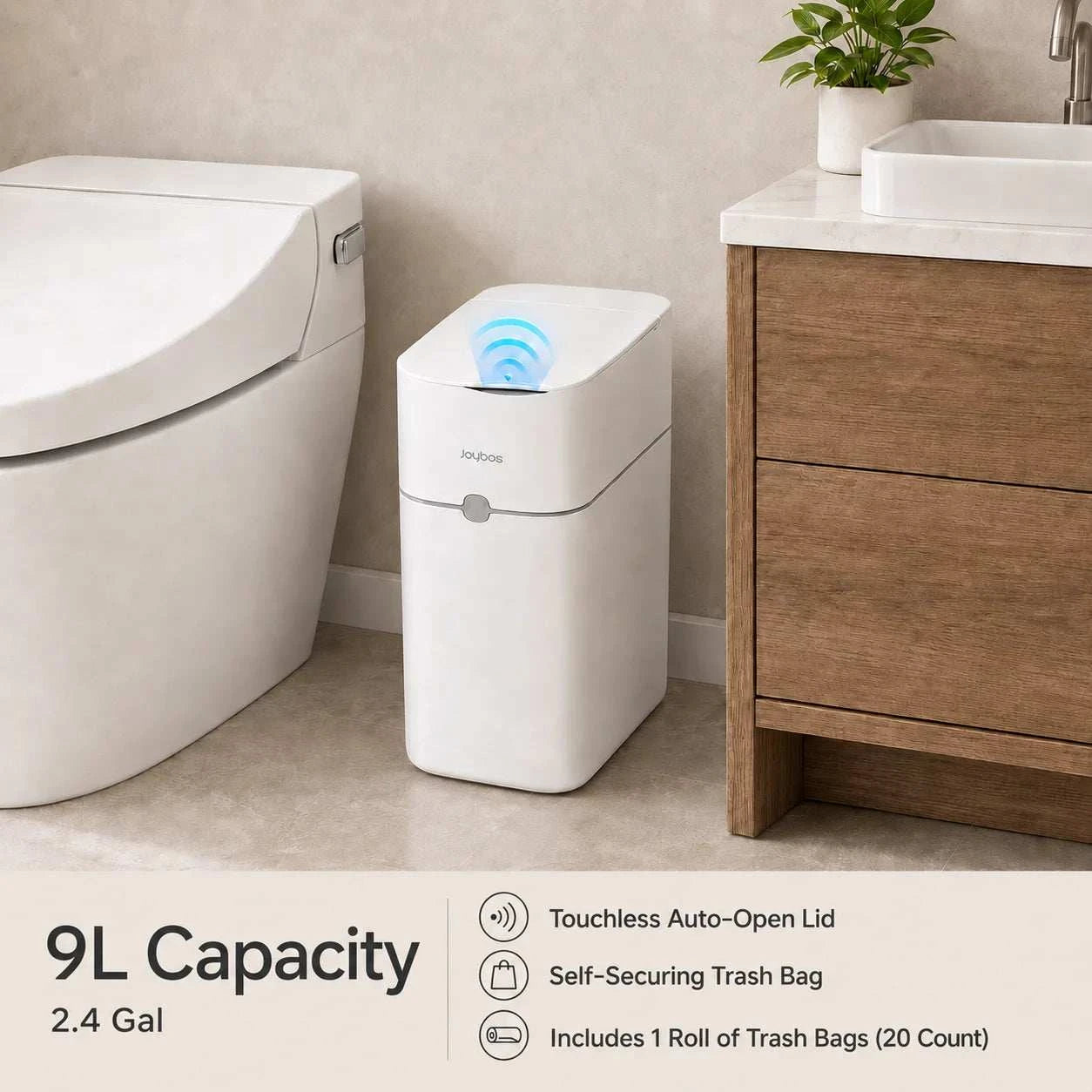 JOybos touchless trash can with motion sensor and auto bag-suction system in compact rectangular design for hands-free waste disposal