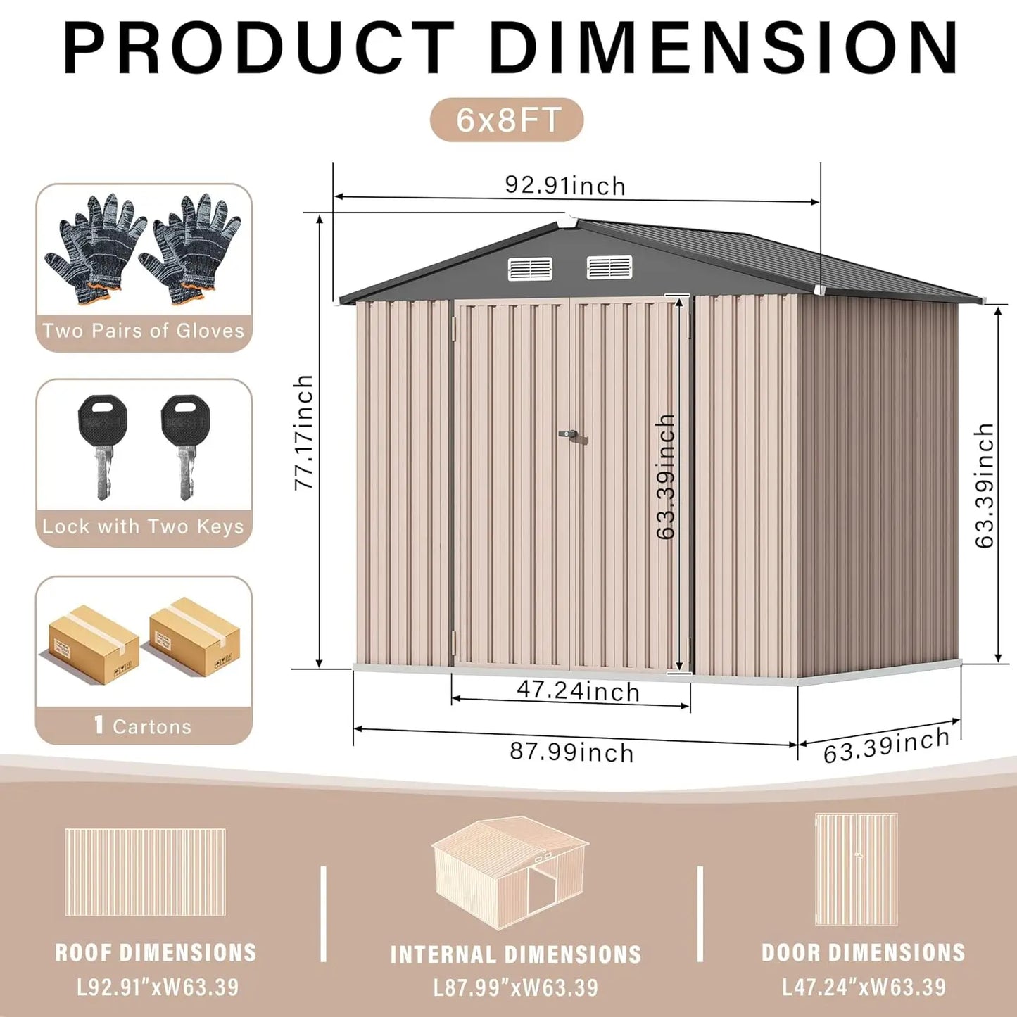 Outdoor metal storage shed kit with lockable door and sloped roof