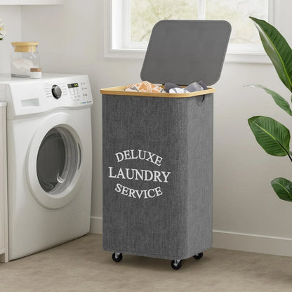 Large 100L Laundry Basket with Lid And Bamboo Handle - Folding with Removable Bag Modern Style Oxford Fabric Laundry Hamper