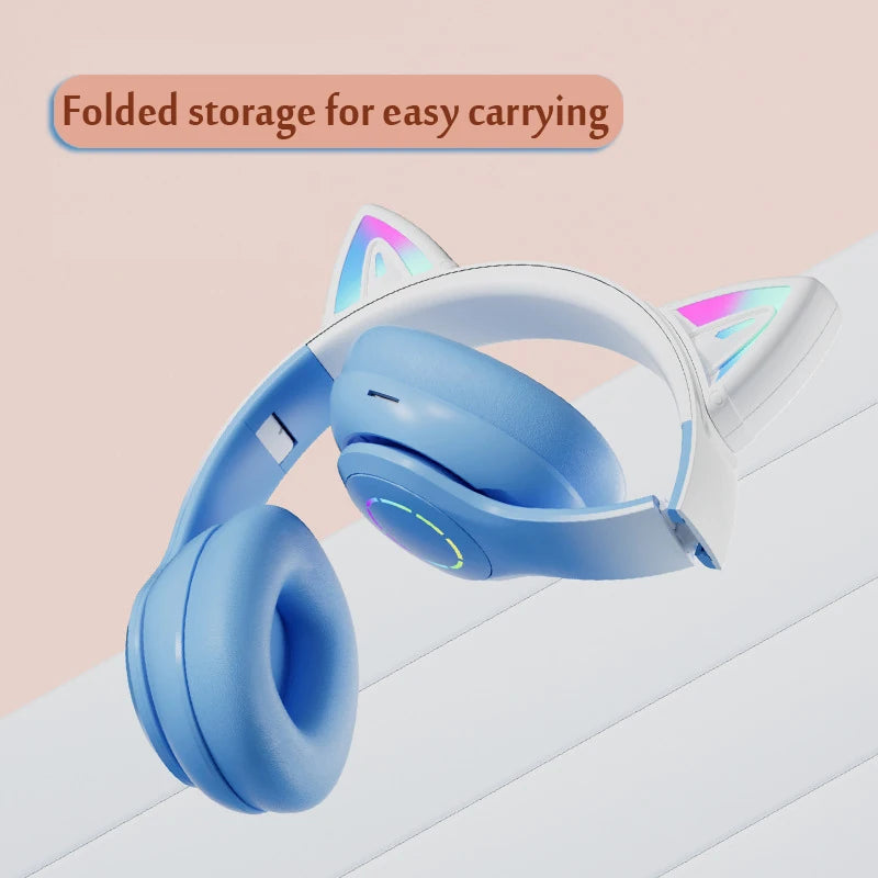 Cat Ear Headphone Bluetooth Wireless Music Headset Gradient Color LED Light with Mic - Azobay