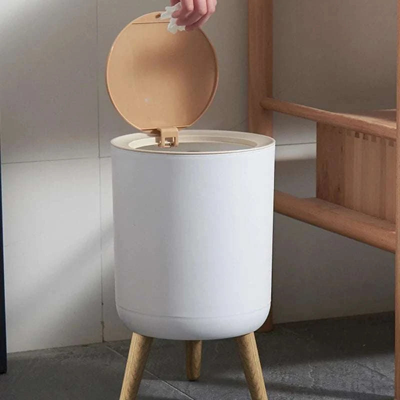 7L round wood grain plastic trash can with press type lid and legs for bathroom and living room