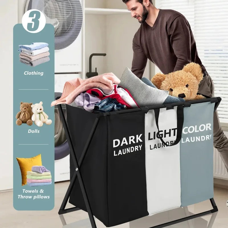 Large foldable laundry basket with 3 sections divided for sorting clothes