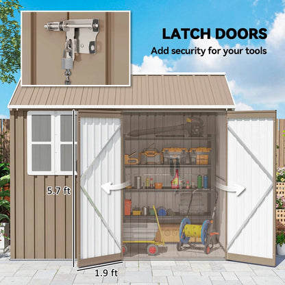 8' X 6' Outdoor Metal Garden Storage Shed W/ 2 Doors, Window, Sloped Roof Brown