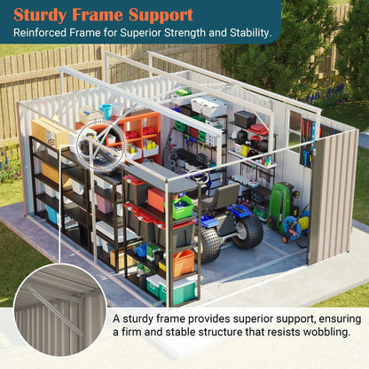 10x12 FT Heavy Duty Metal Outdoor Storage Shed  With Floor Frame Lockable Doors All Weather Garden Tool House Backyard Patio