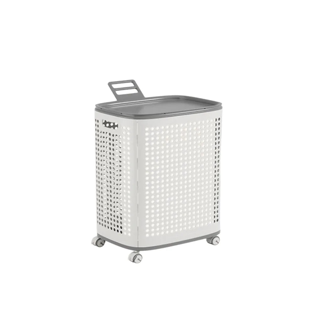 Large capacity folding grey and white plastic laundry basket with wheels and detachable design
