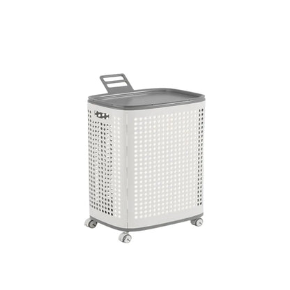 Large capacity folding grey and white plastic laundry basket with wheels and detachable design