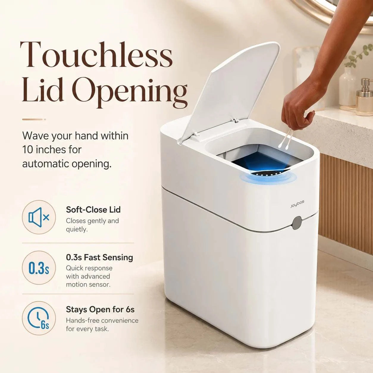 JOYBOS touchless trash can with motion sensor and auto bag-suction system in compact rectangular design