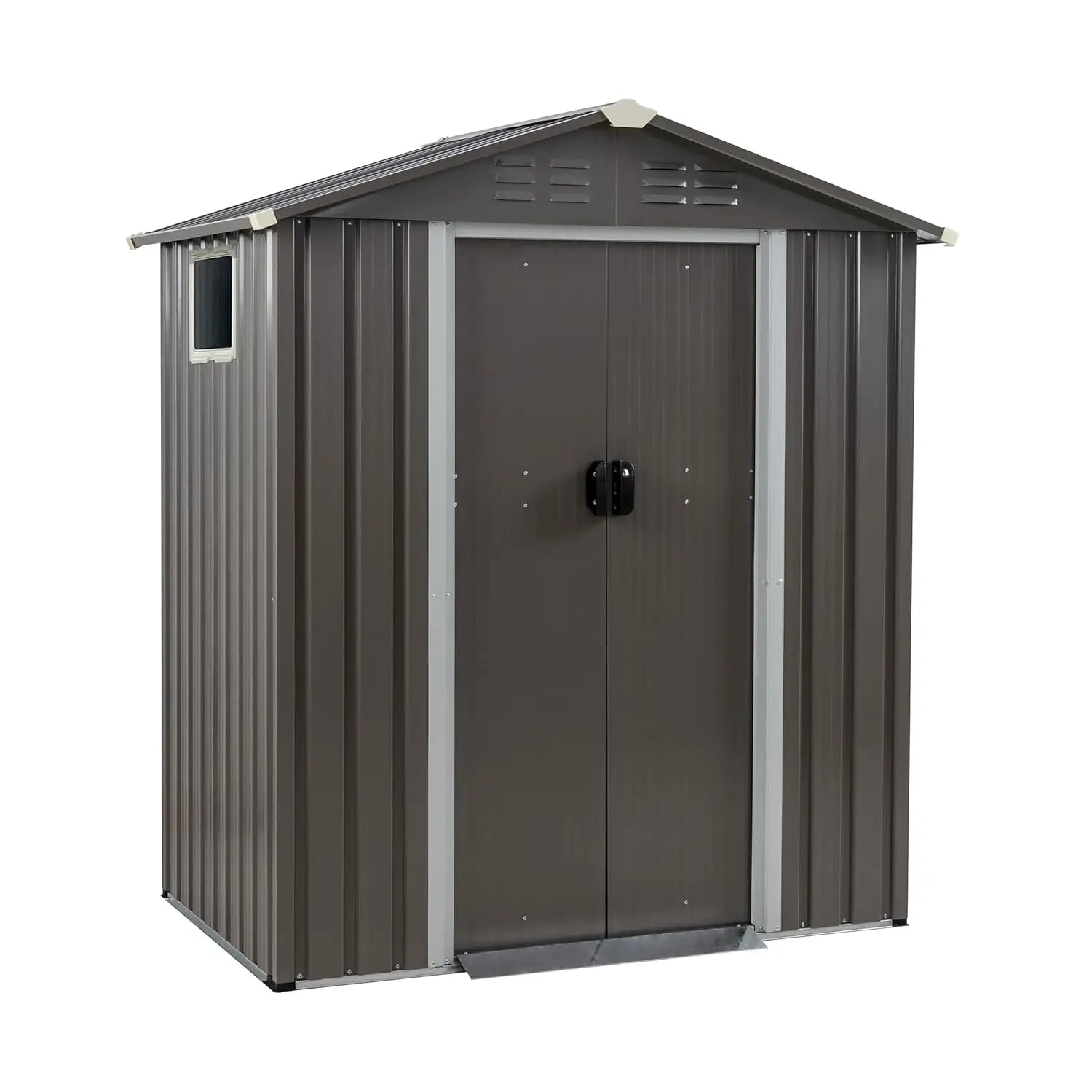 Outdoor metal storage shed with side window and lockable door