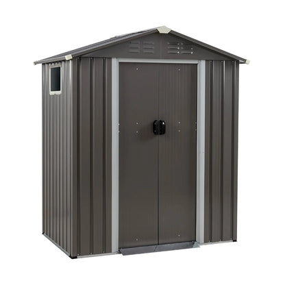Outdoor metal storage shed with side window and lockable door