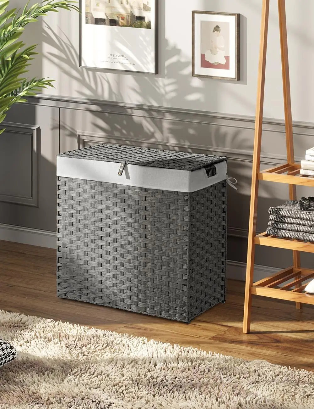 110L Foldable Wicker Laundry Hamper with 2 Removable Liners 2-Section Design Gray No Install Needed