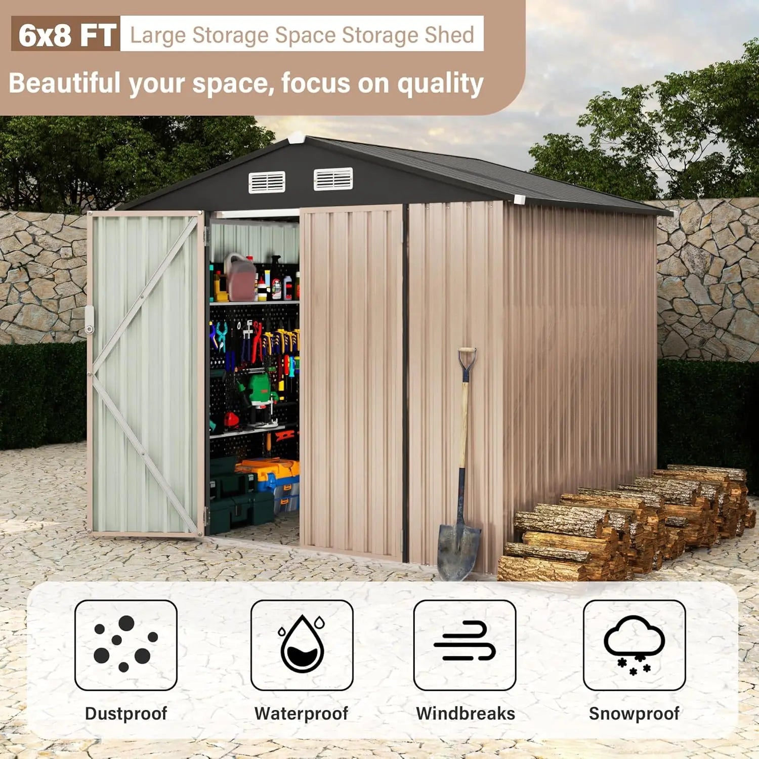 Outdoor metal storage shed kit with lockable door and air vents