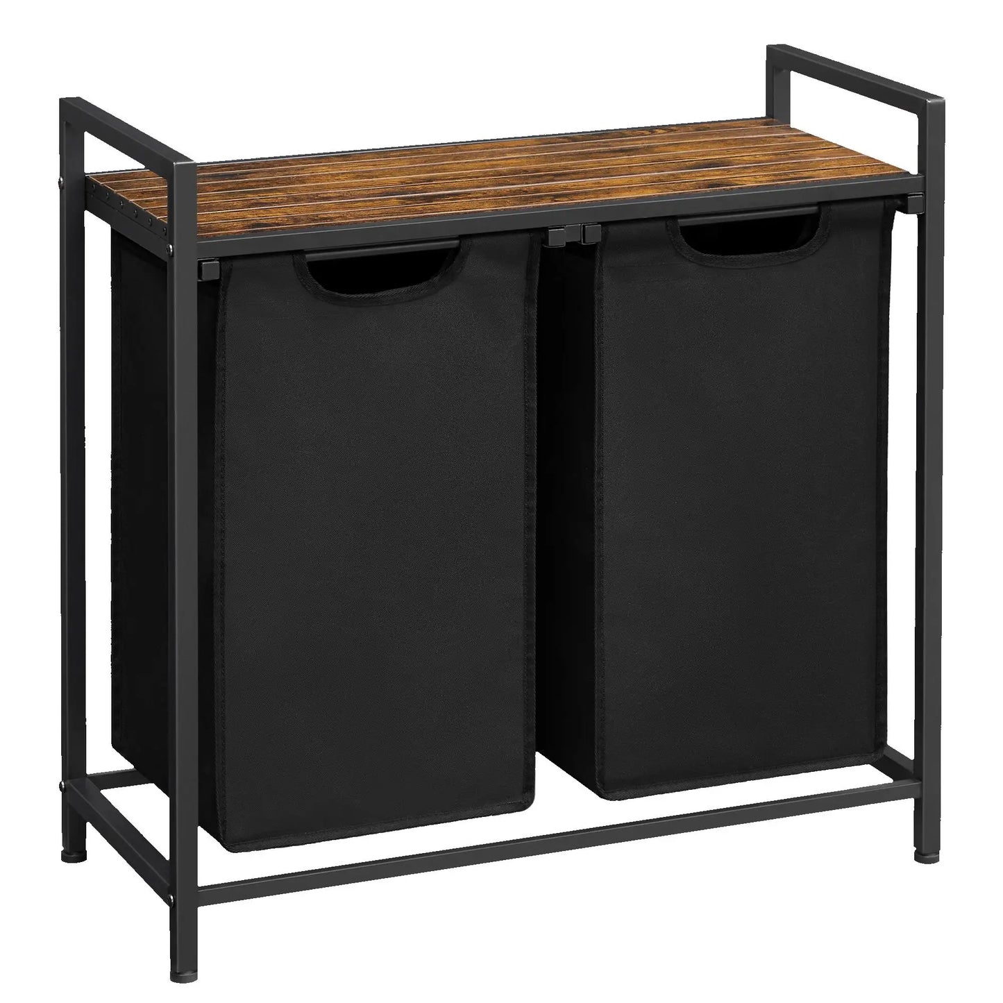 VASAGLE Laundry Hamper with metal frame, two pull-out removable bags, and ventilated shelf in ink black and rustic brown colors