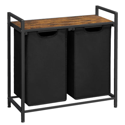 VASAGLE Laundry Hamper with metal frame, two pull-out removable bags, and ventilated shelf in ink black and rustic brown colors